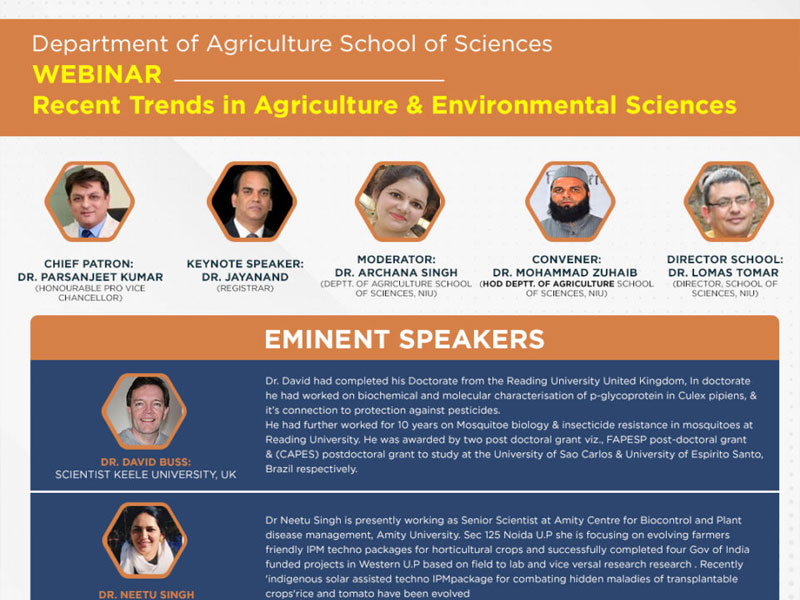 WEBINAR ON “Recent Trends in Agriculture & Environmental Sciences” Organized by Department of Agriculture, School of sciences on 23rd August 2021